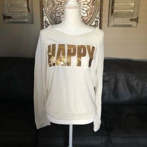 White Sweater Tee with Sequin HAPPY Emblem